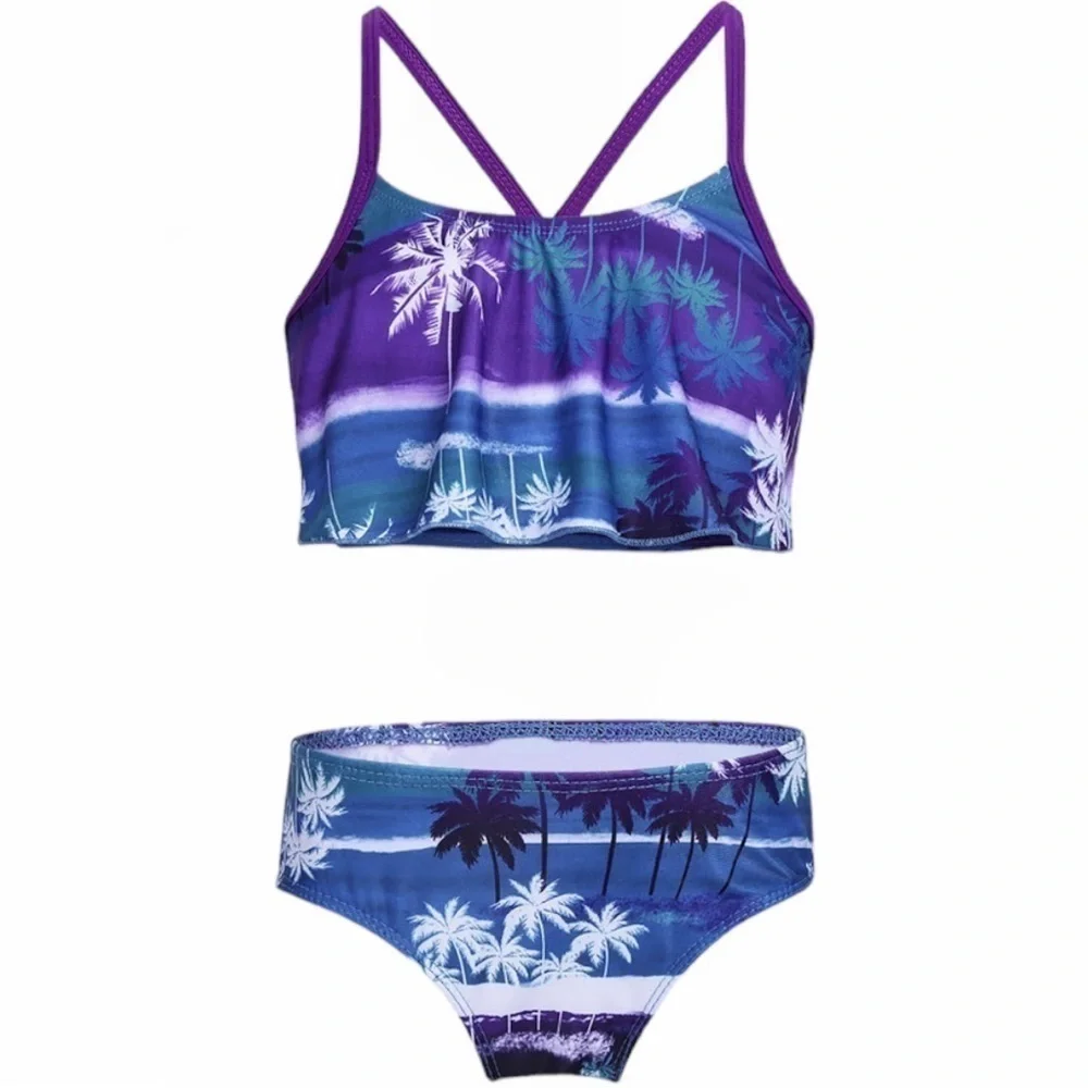 Iefiel Girls Med Swimsuit Tankini Tropical Palm Flounce Top Brief Blue Purple